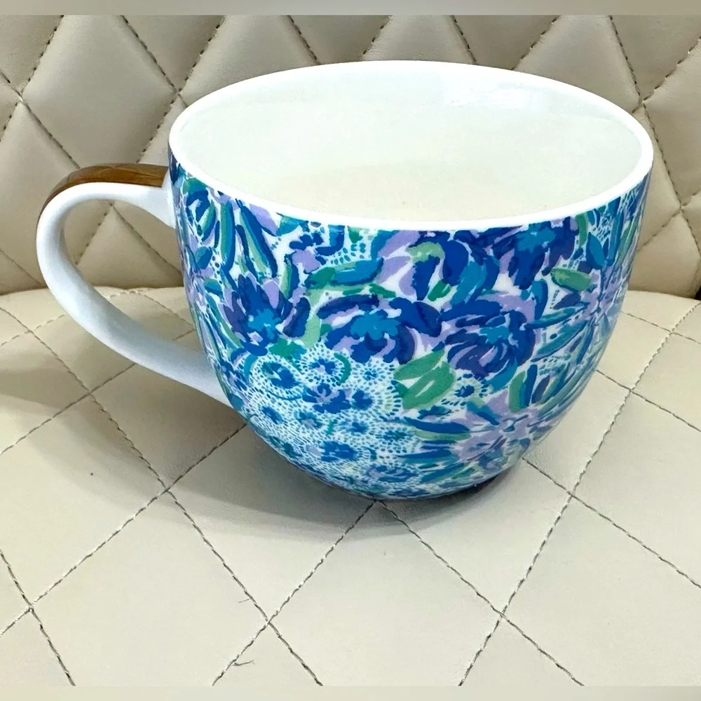 LILLY PULITZER high maintenance ceramic mug blue floral gold handle 12 oz